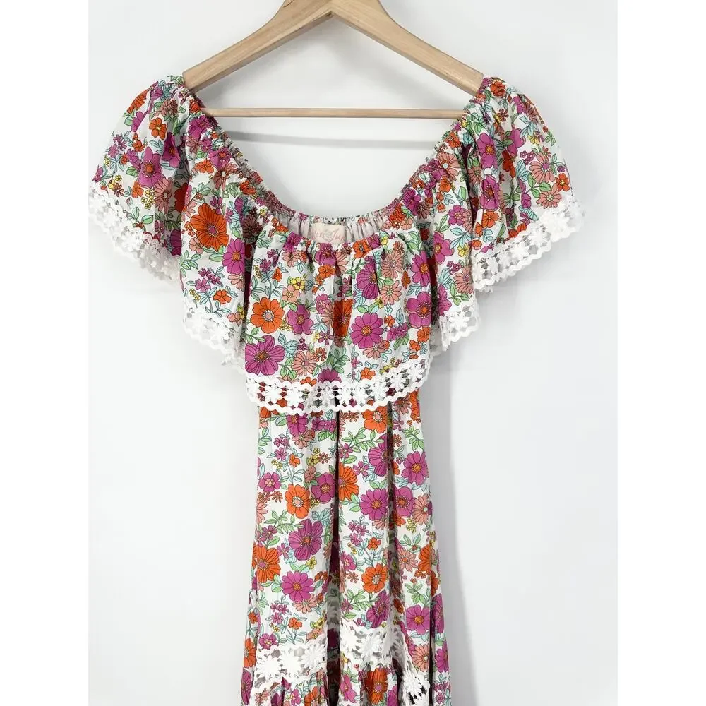Miss June Rayan Off The Shoulder Floral Lace Ruffle Maxi Midi Dress Boho Pink - Picture 6 of 12